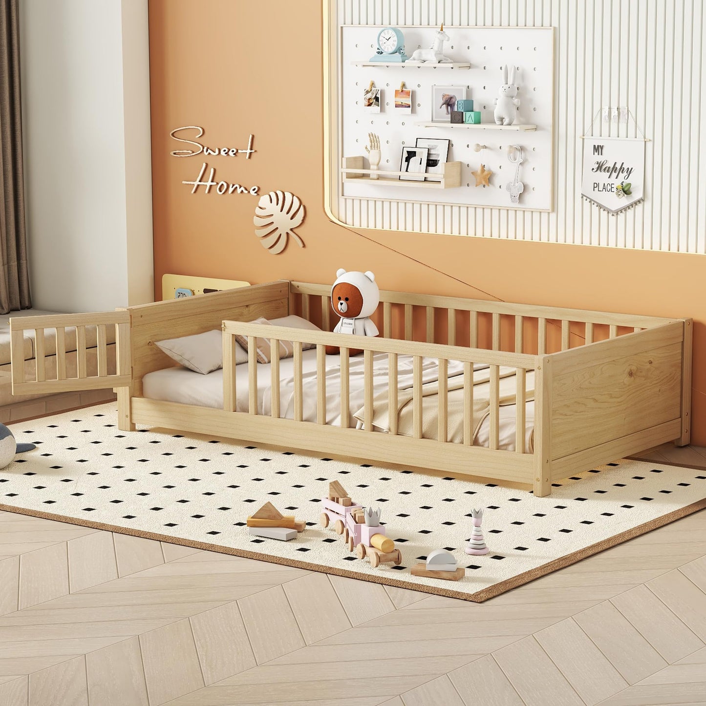 Mirightone Twin Size Montessori Floor Bed with Rails and Storage Bookcase in Natural - WoodArtSupply