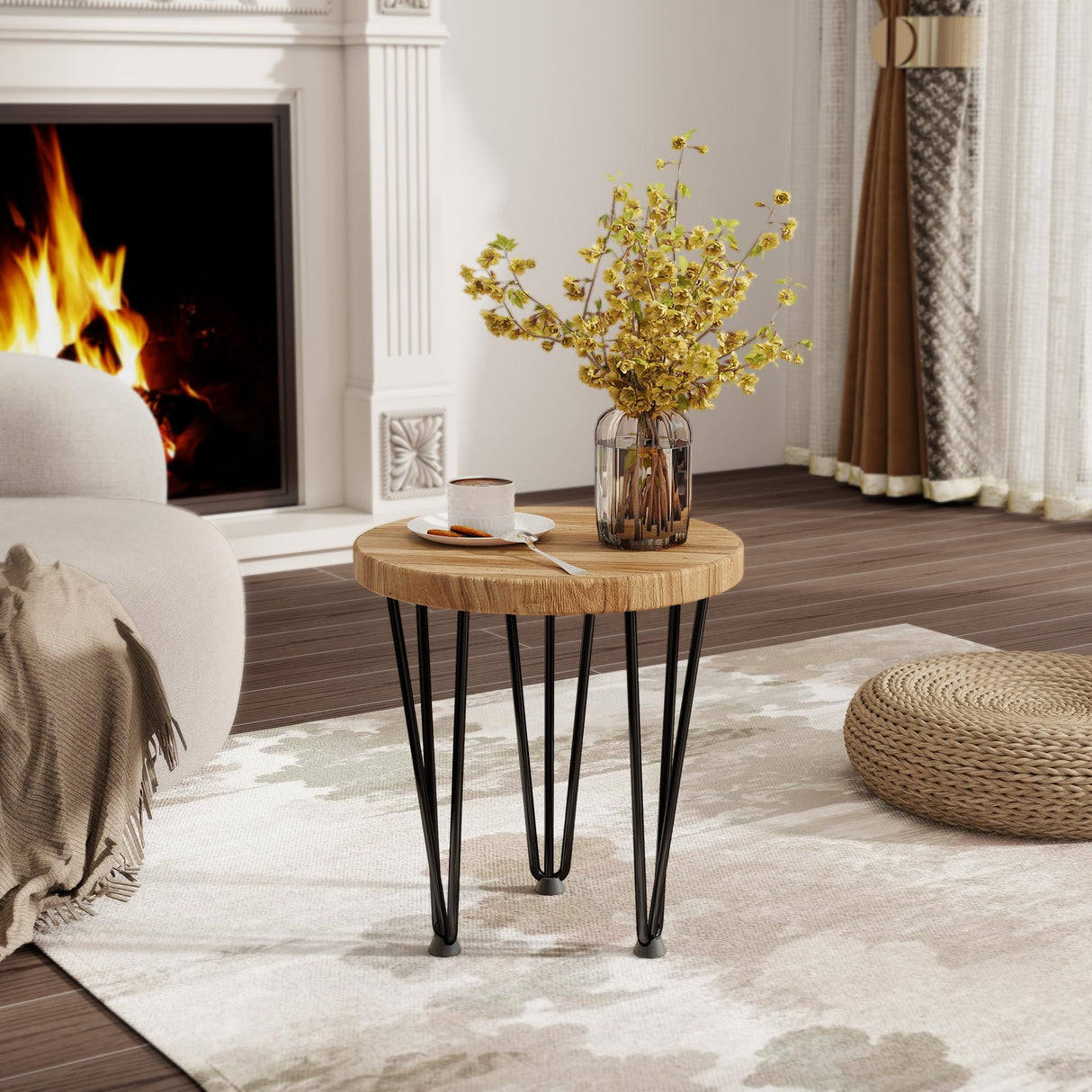 Fun Memories Round Coffee Table - Elm Wood Nesting Table with Metal Legs & Non Slip Feet Base - Rustic Nesting End Tables for Living Room Bedroom - 14" D x 14" W x 16" H - Natural Color Fun Memories