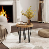 Fun Memories Round Coffee Table - Elm Wood Nesting Table with Metal Legs & Non Slip Feet Base - Rustic Nesting End Tables for Living Room Bedroom - 14" D x 14" W x 16" H - Natural Color Fun Memories