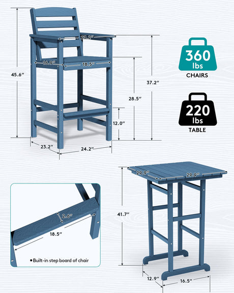SERWALL Blue Adirondack Bar Chair and Table Set – 3-Piece Outdoor Stools for Patio and Backyard SERWALL