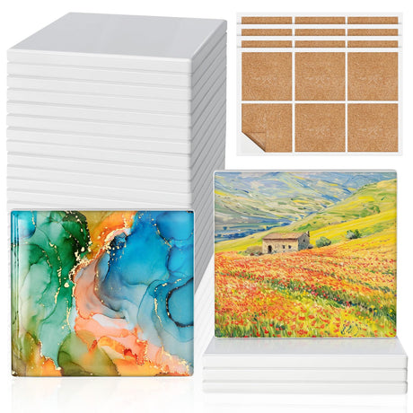 24 Pieces Sublimation Coasters, GOH DODD Glossy Ceramic Tiles for Crafts White Glazed Blanks with Cork for Drinks DIY Crafts Alcohol Ink Painting Heat Transfer Home Kitchen Decor, 4.25 Inch, Square GOH DODD