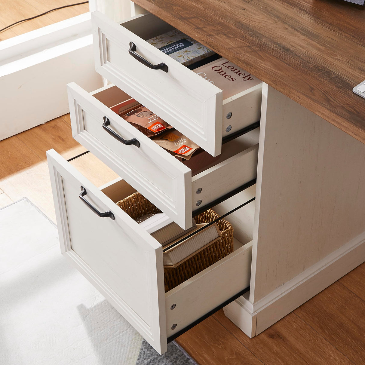 60"L-Shaped Executive Desk with 40"Adjustable File Cabinet,Farmhouse Home Office Desk with Charging Station,Office Desk with Storage Drawers,Wood Computer Desk Set for Office Work,Home Study LayBurst