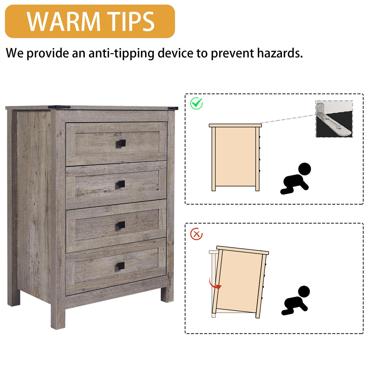 BTDWI Farmhouse 4 Drawer Dresser for Bedroom, 24" Wide Wood Dresser with Metal Handle for Bed Room, Hallway, Light Grey Rustic Oak BTDWI