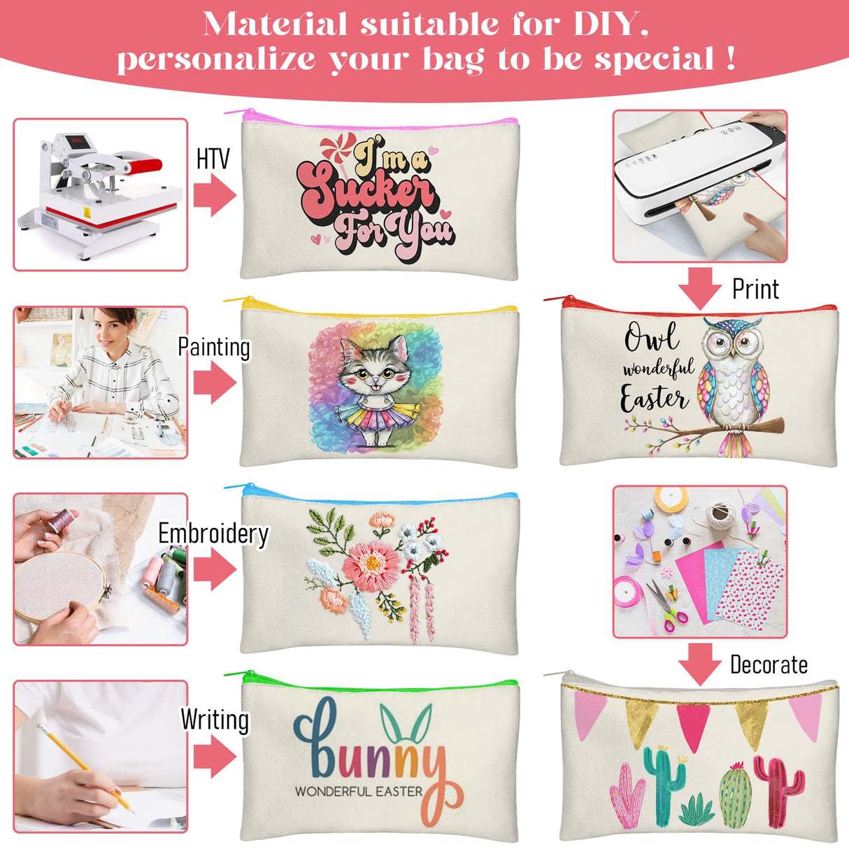 Legigo 12 Pack Blank DIY Craft Bag Canvas Pencil Case Blank Makeup Bags- Beige Canvas Pencil Pouch Bulk Canvas Cosmetic Bag Multi-Purpose Travel Toiletry Bag Canvas Color Zipper Bags 8.3 × 5 Inch Legigo