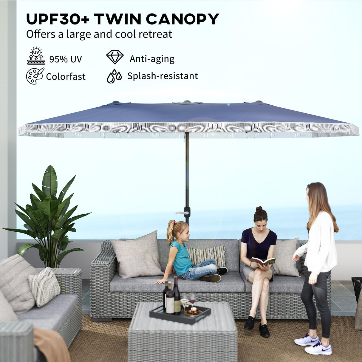 Outsunny 15ft Extra Large Patio Umbrella with Fringe, UPF30+ Double-sided Market Umbrella with Easy Crank Handle, 2 Vents for Garden Pool Lawn, Dark Blue Outsunny