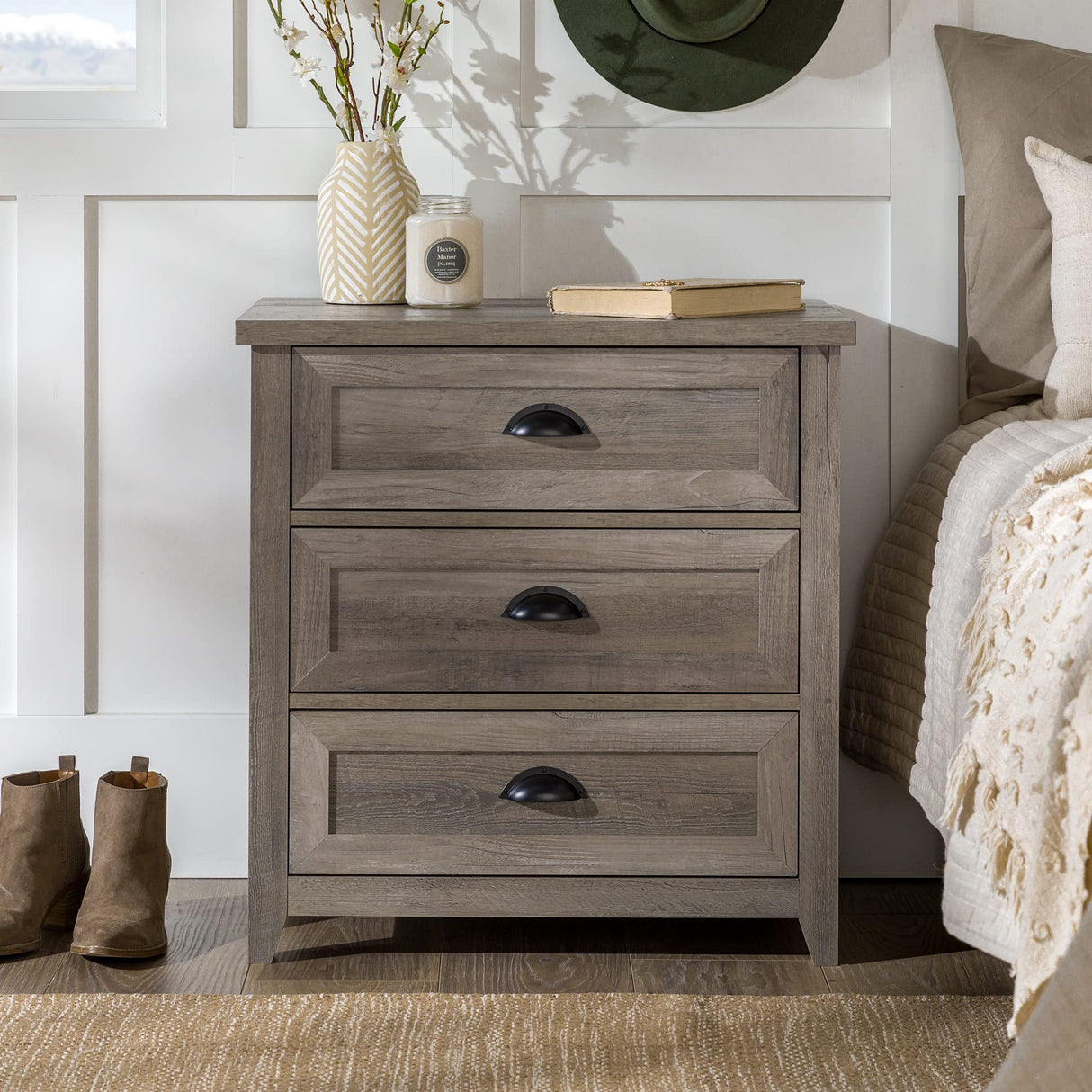 Walker Edison Hazel Modern Farmhouse 3 Drawer Framed Nightstand with Half-Moon Handles, 25 Inch, Grey Wash Walker Edison