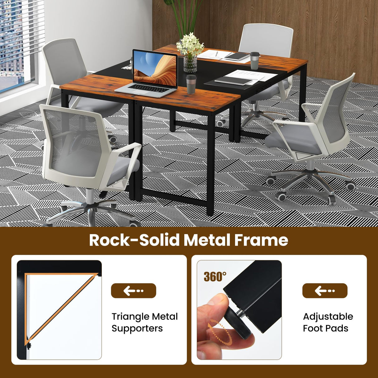 Tangkula 63” x 24” Conference Table Set of 2, Meeting Table with Metal Frame & Adjustable Foot Pads, Seminar Boardroom Table, Training Table for Office, Black & Rustic Brown Tangkula