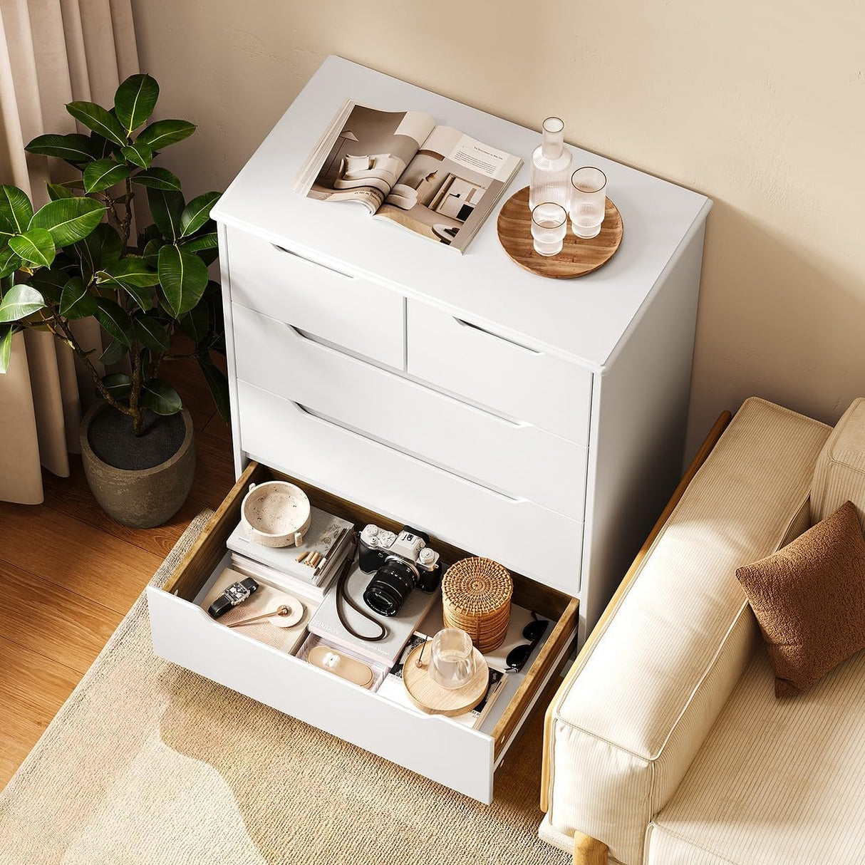 Bealife 5 Drawer Dresser，Dresser for Bedroom with Anti-Tripping Device and Embedded Handles for Home, Dressers & Chests of Drawers with Large Storage Capacity (White) Bealife