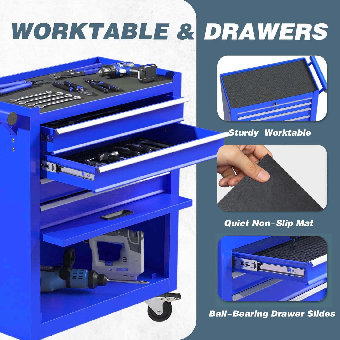 SumKea 4-Drawer Rolling Tool Chest, 24.26" Cabinet with 4 Wheels Tool Chest with Drawers, Suitable for Garages, Warehouses, Workshops, Repair Shops, Blue - WoodArtSupply