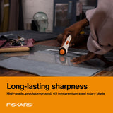 Fiskars 45mm Rotary Cutter for Fabric, Premium Steel Stick Fabric Cutter Cuts Through Multiple Layers, Right and Left Handed, Easy and Safe Blade Change, Arts and Crafts, Sewing and Quilting Tools Fiskars