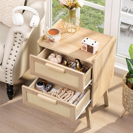 Lerliuo Rattan Nightstands Set of 2, Boho Night Stand with 2 Drawers, Cane Accent Side End Table, Bedside Table with Solid Wood Legs for Bedroom, Dorm and Small Spaces (Natural) Lerliuo