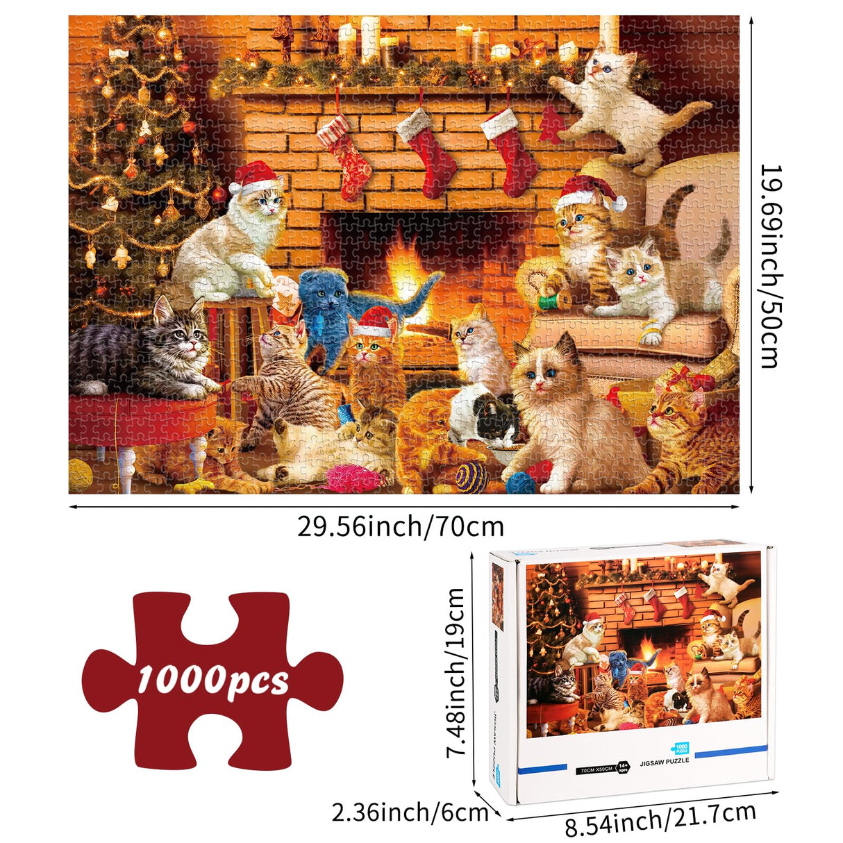 1000 Pcs Christmas Cat Jigsaw Puzzles, Challenging Puzzles Xmas Family Game Puzzles for Adults Cat Lovers Supplies Hxezoc