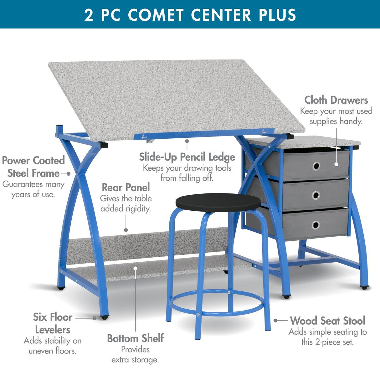SD STUDIO DESIGNS Comet Center Plus, Craft Table and Matching Stool Set with Storage and Adjustable Top, Blue/Spatter Gray, 50x23.75x29.5 inches, 2 Piece SD STUDIO DESIGNS