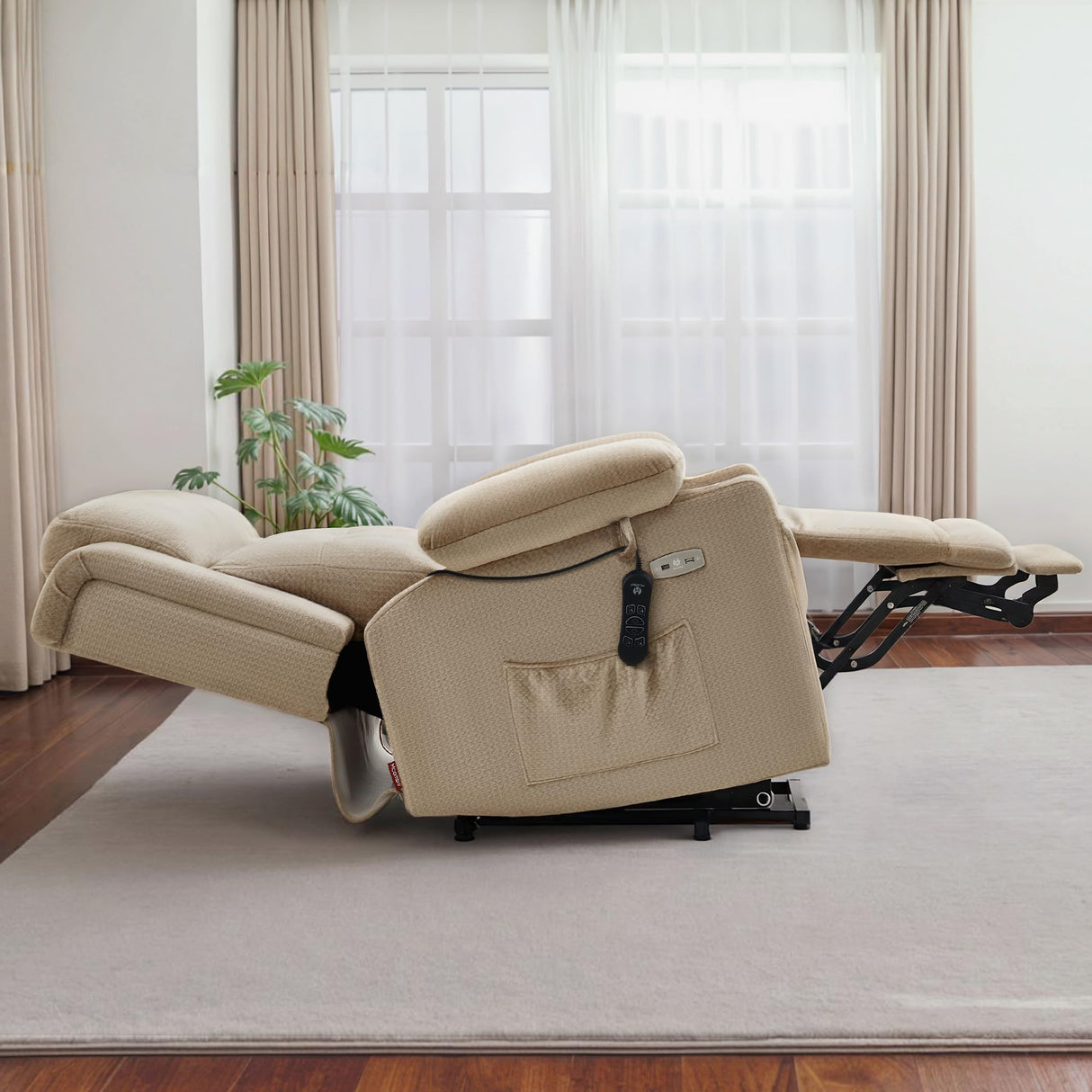 MCombo Large Triple Motor Power Lift Recliner Chair with Massage and Heat for Elderly People, Adjustable Headrest, Infinite Position, USB Ports, Fabric 7662 (Beige, Large) MCombo