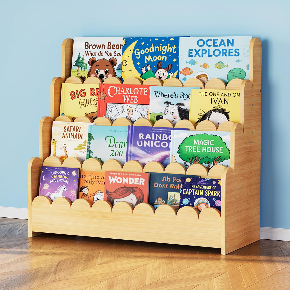 SpaceAid 4-Tier Scalloped Bookshelf, Montessori Bookcase for Toddlers, Wooden Book Shelf Organizer Display Furniture for Kids Rooms, Playroom, Nursery and Classroom, 29.6“ Wide, Natural SpaceAid