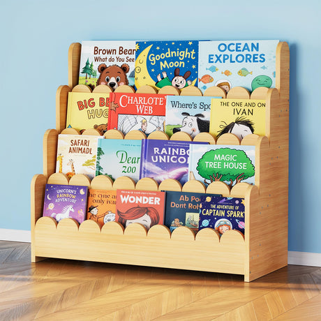 SpaceAid 4-Tier Scalloped Bookshelf, Montessori Bookcase for Toddlers, Wooden Book Shelf Organizer Display Furniture for Kids Rooms, Playroom, Nursery and Classroom, 29.6“ Wide, Natural SpaceAid