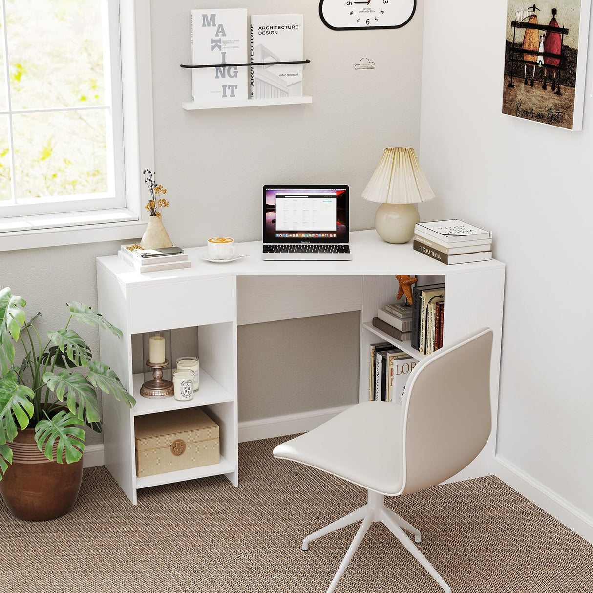 Giantex White Desk with Drawer, 48 Inch Corner Desk with Storage Shelves, Laptop PC Table for Workstation, Vanity Table for Bedroom, Modern Wood Executive Study Writing Table for Small Space Giantex