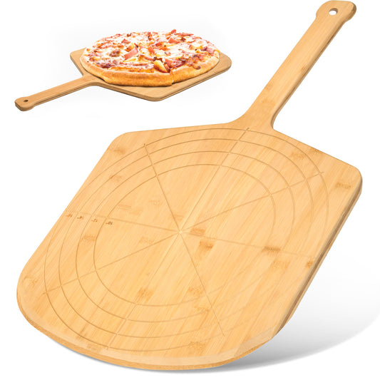 Loftern Wooden Pizza Peel 16 Inch Board with Engraved Sizes - Multi-Purpose Bamboo Pizza Cutting Board, Wood Pizza Peel, Pizza Spatula Paddle, and Serving Board with Size and Cutting Guide - WoodArtSupply