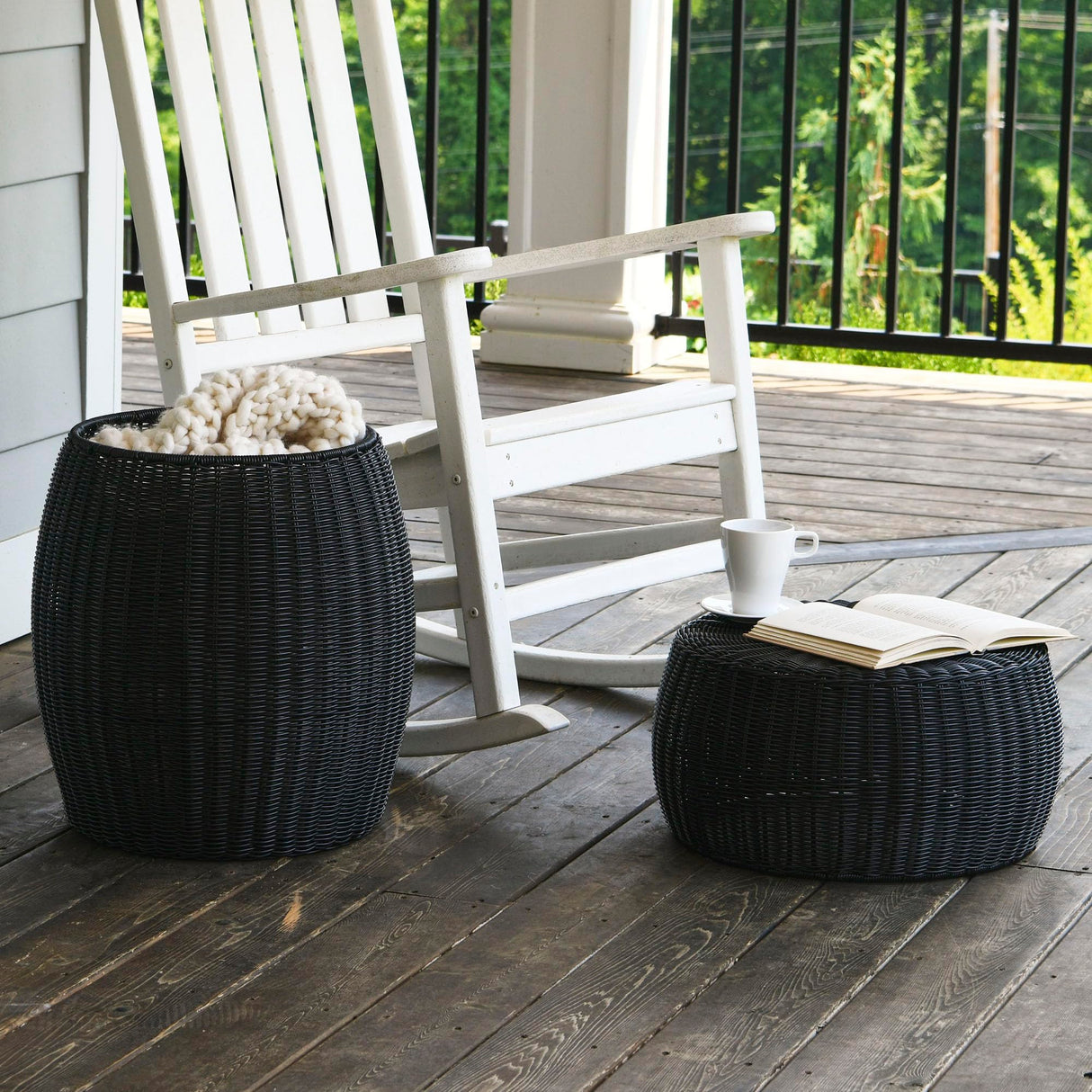Household Essentials Handwoven Resin Storage Stool Ottoman, Black Household Essentials