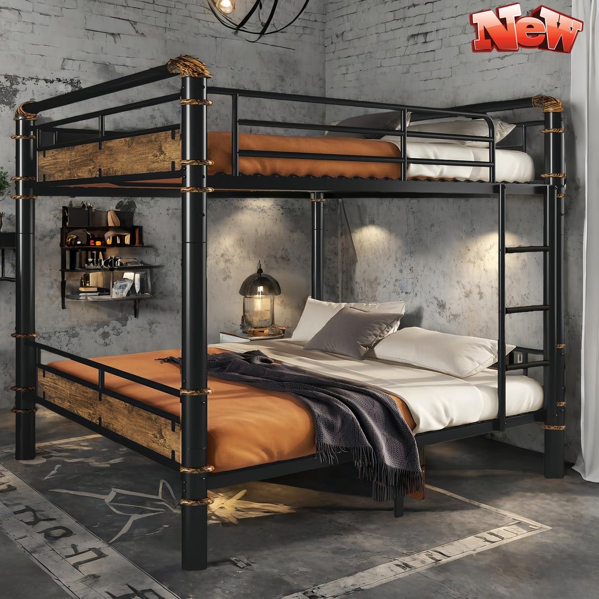 FUSVZ Heavy Duty Metal Queen Over Queen Bunk Beds for Adults Kids Teens, Convertible Industrial Bunk Bed with Guard Rails & Soft-Pack Vertical Ladder, Weight Capacity 600LBS (Black) FUSVZ