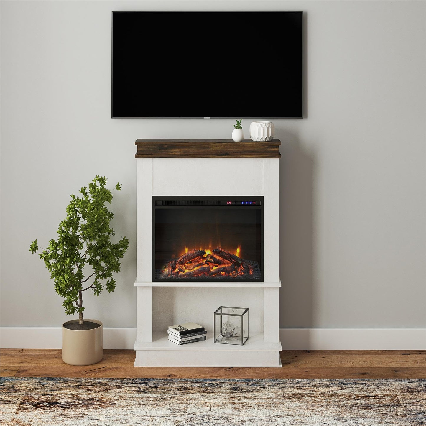 Ameriwood Home Mateo Electric Fireplace with Mantel & Open Shelf, 30", Ivory Oak