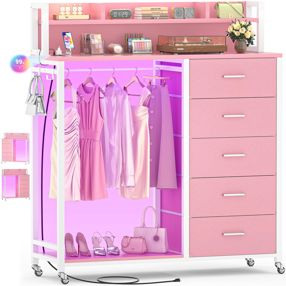Cyclysio Dresser for Bedroom with Clothes Rack & Shelves, Pink 5 Drawers Dresser with Charging Station & LED Lights, Chest of Drawers with Lockable Wheels, Storage Shelves, Bedroom, Closet,Entryway Cyclysio