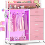 Cyclysio Dresser for Bedroom with Clothes Rack & Shelves, Pink 5 Drawers Dresser with Charging Station & LED Lights, Chest of Drawers with Lockable Wheels, Storage Shelves, Bedroom, Closet,Entryway Cyclysio