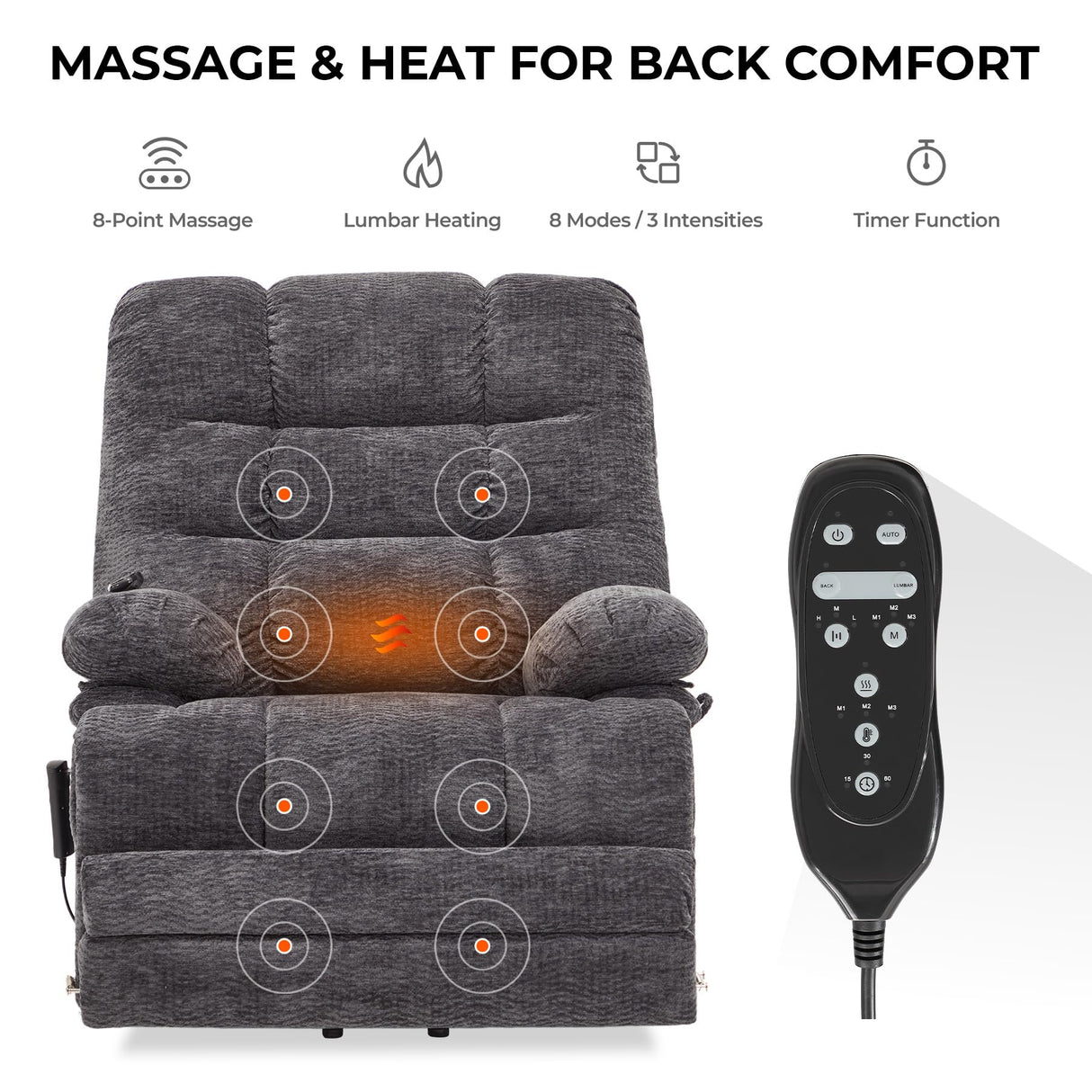 DYNOX 400lbs Lift Chairs for Big & Tall Seniors Power Lay Flat Recliner Oversized Lift Sofa with Heat Massage Electric Lift Recliner Chair Bed, Extended Footrest(9205L,Chenille,Grey) DYNOX