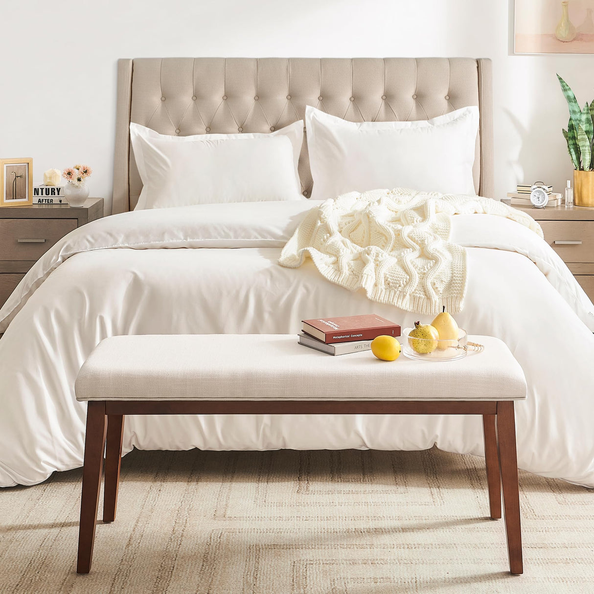 kinmars Upholstered Bench for Bedroom End of Bed,42.5-inch Entryway Bench for Living Room,Dining Bench with Padded Seat and Solid Wood Leg for Kitchen Bedroom,Indoor and Hallway (Bench, Beige) kinmars