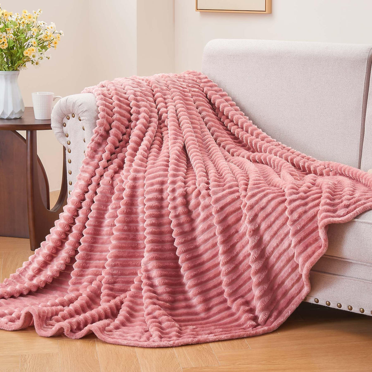 BEDELITE Fleece Throw Blanket for Couch – 3D Ribbed Jacquard Soft and Warm Decorative Fuzzy Blanket – Cozy, Fluffy, Plush Lightweight Pink Throw Blankets for Bed, Sofa, 50x60 inches BEDELITE