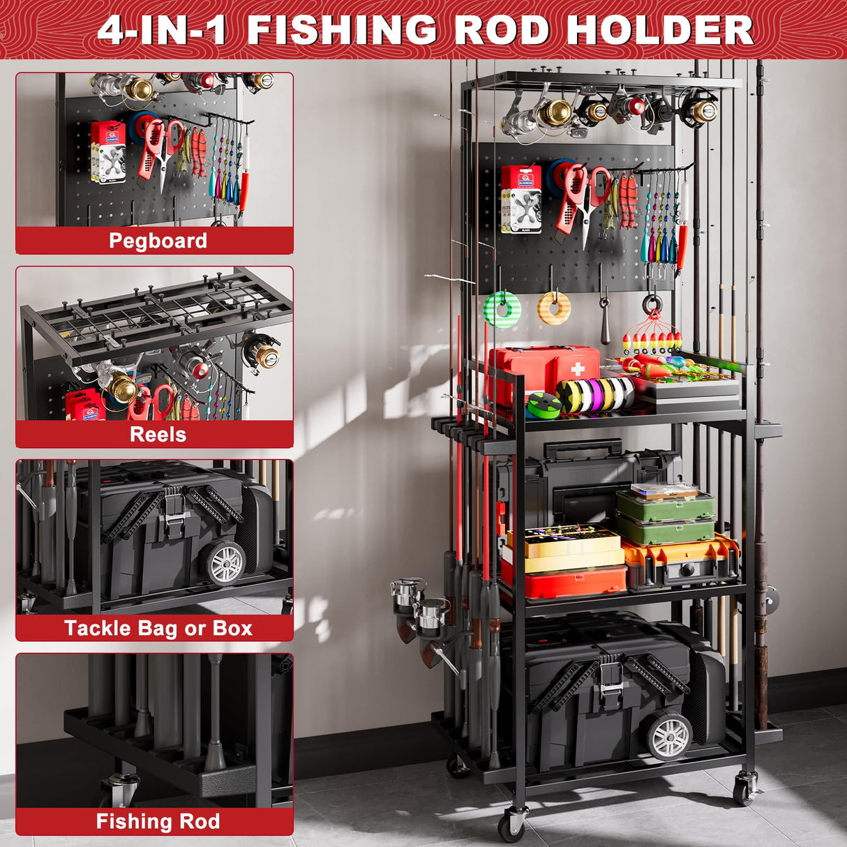 Fishing Rod Holders for Garage, Fishing Rod Storage Rack with Hooks & Wheels, Fishing Pole Holder Organizer, Tackle Box & Reel Storage Black SEEAHEAD