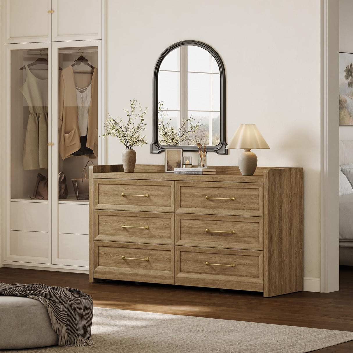 SICOTAS 6 Drawer Dresser for Bedroom-56.4" Extra-Wide Wooden Chest of Drawers with Large Storage, Long Dresser TV Stand with Drawers, Mid Century Modern Closet Dressers for Nursery, Brown Oak SICOTAS