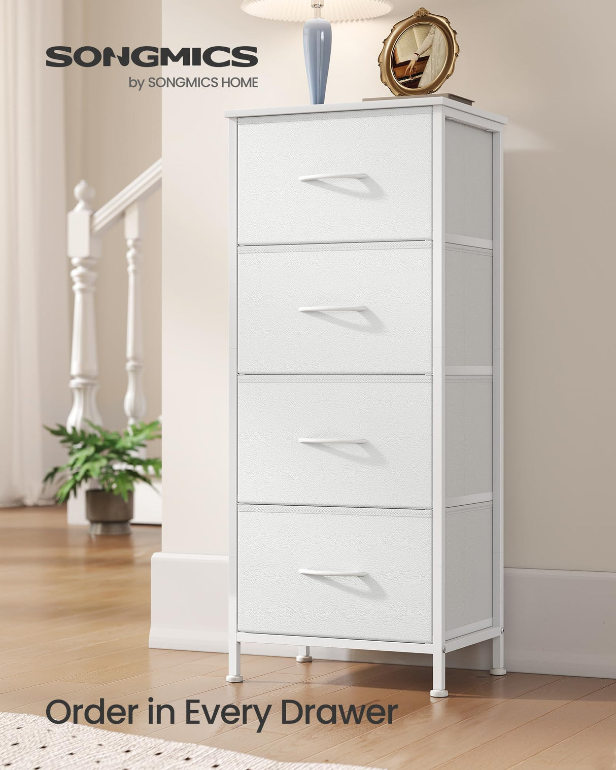 SONGMICS Dresser for Bedroom, Chest of Drawers, Steel, MDF, 4 Non-Woven Fabric Drawers, Storage Organizer Unit, Closet, Entryway, Cloud White and Snow White ULGS314W01S SONGMICS