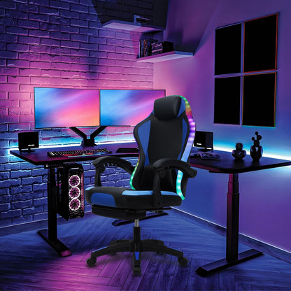 Ergonomic Gaming Chair, Massage Computer Gamer Chair with Bluetooth Speakers and RGB LED Lights Height Adjustable Game Chair with Footrest and Lumbar Support Racing Style Gaming Office Chair Blue