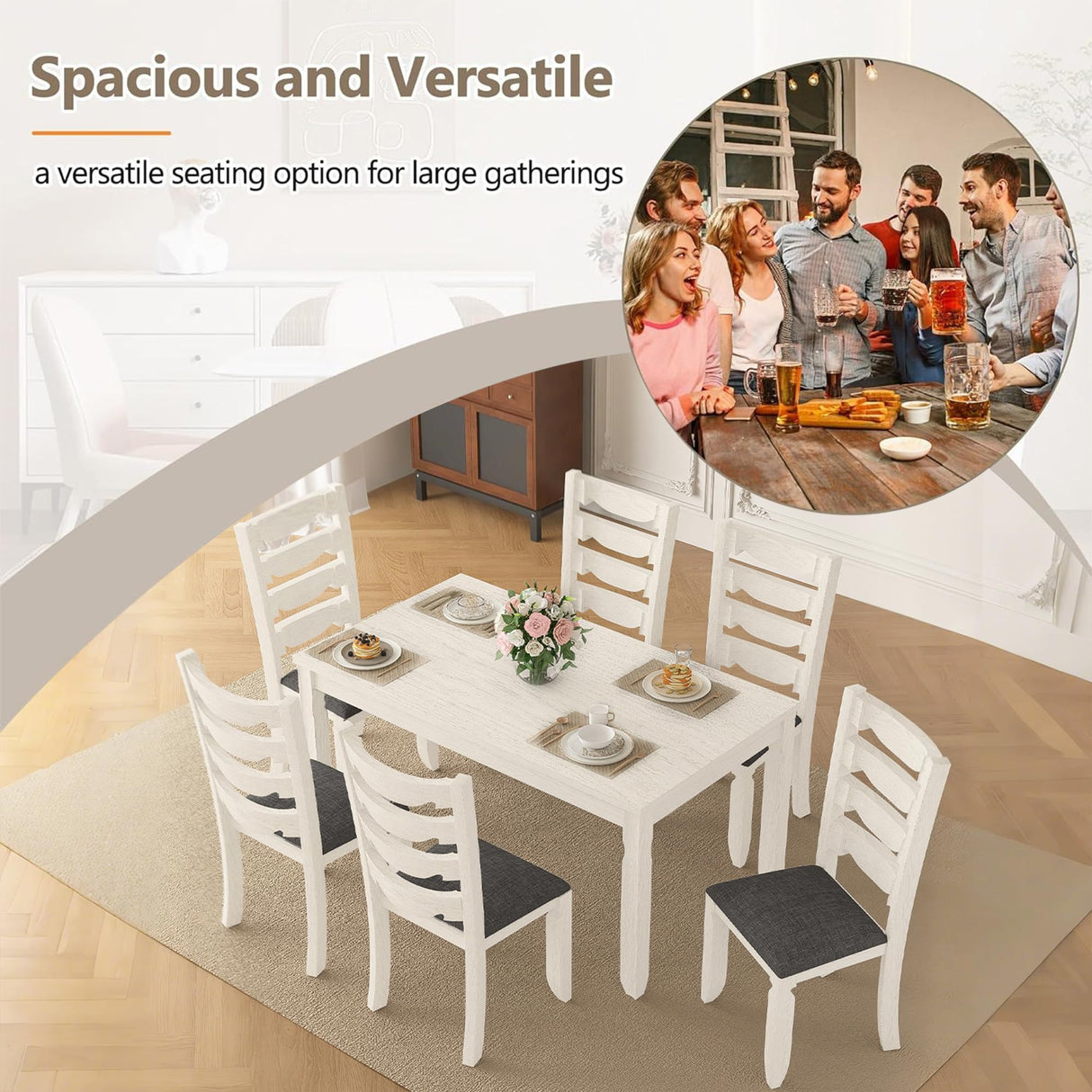 Peatuk 7-Piece Solid Wood Dining Table Set with 6 Upholstered Chairs - Easy Assembly Modern Design for Kitchen & Small Spaces, Durable Wooden Table and Chairs for Dining Room, Kitchen, Light Grey Peatuk
