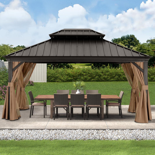 ABCCANOPY Hardtop Gazebo 12x16 - Outdoor Metal Hard Top Gazebo, Permanent Galvanized Steel Aluminum Framed Pavilion with Netting and Curtain for Patio Backyard Lawn Garden (Double Roof, Khaki)