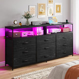 EnHomee 55” W Dresser, Black Dresser for Bedroom with Power Outlet & LED Lights for 65" TV Stand for Bedroom Dresser with 9 Fabric Drawers, Sturdy Dressers for Bedroom, Closet, Entryway EnHomee