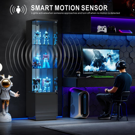 Lvifur Lockable Curio Display Cabinet with Glass Door,65" Lighted Curio Cabinet with 3 Color Lights for Collectibles,3-Tier Glass Display Case with Human Body Sensor for Living Room,Black Lvifur