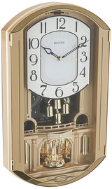 Bulova C4900 Golden Music Wall Clock | Gold-Tone Case with Rotating Crystal Pendulum | 12 Melodies | Adjustable Volume | Night Shutoff Bulova