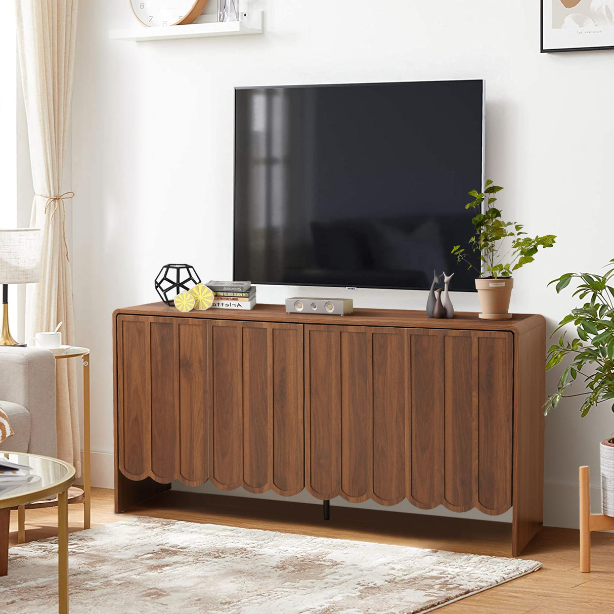 ORRD Sideboard Buffet Cabinet, Accent Storage Cabinet with 4 Doors, Farmhouse Wood Cabinet with Adjustable Shelves and Wave Panel for Living Room, Dining Room, Entry - Walnut ORRD
