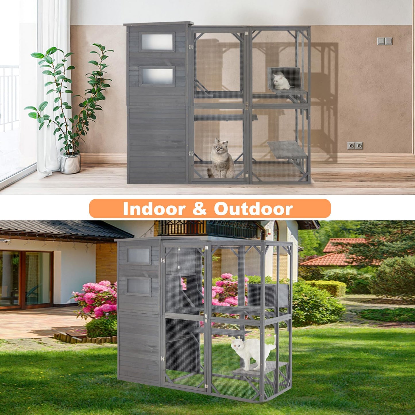 MDEAM Large Cat Catio Outdoor Weatherproof Cat Enclosure with Resting Boxes,Platforms,Windows,70" H*32" W*77" L,Grey