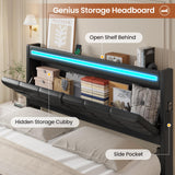 ADORNEVE Queen Bed Frame with Storage Headboard & 4 Drawers, LED Bed Frame Queen with Charging Station, Leather Upholstered Platform Bed Frame with Button Tufted, No Box Spring Needed, Black PU ADORNEVE