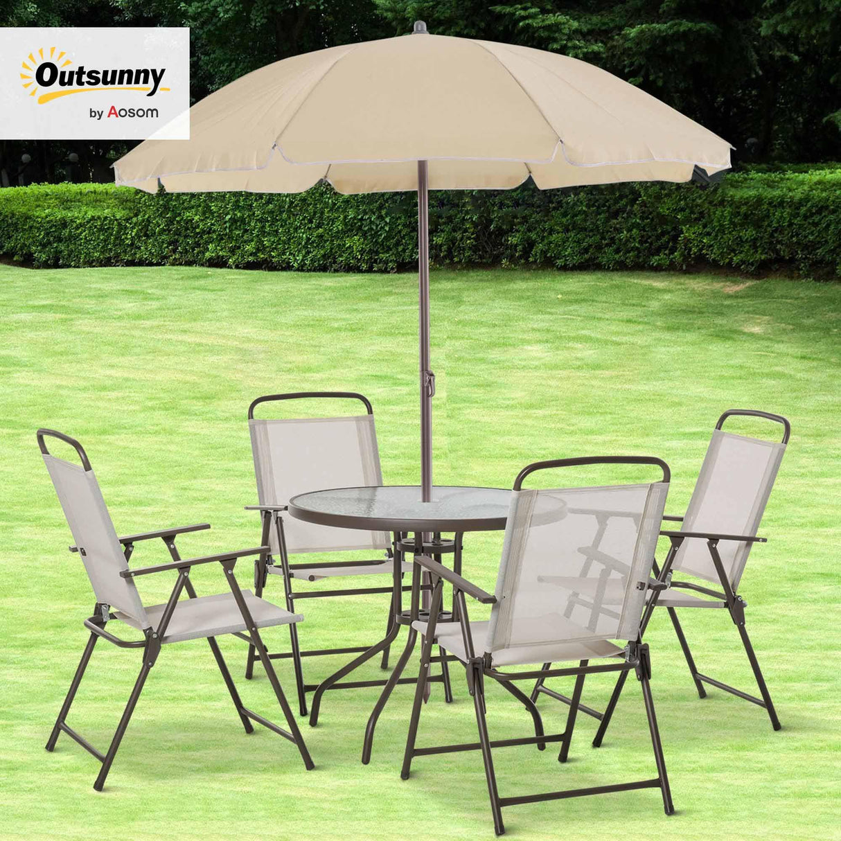 Outsunny 6 Piece Patio Dining Set for 4 with Umbrella, Outdoor Table and Chairs with 4 Folding Dining Chairs & Round Glass Table for Garden, Backyard and Poolside, Beige Outsunny