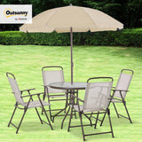 Outsunny 6 Piece Patio Dining Set for 4 with Umbrella, Outdoor Table and Chairs with 4 Folding Dining Chairs & Round Glass Table for Garden, Backyard and Poolside, Beige Outsunny