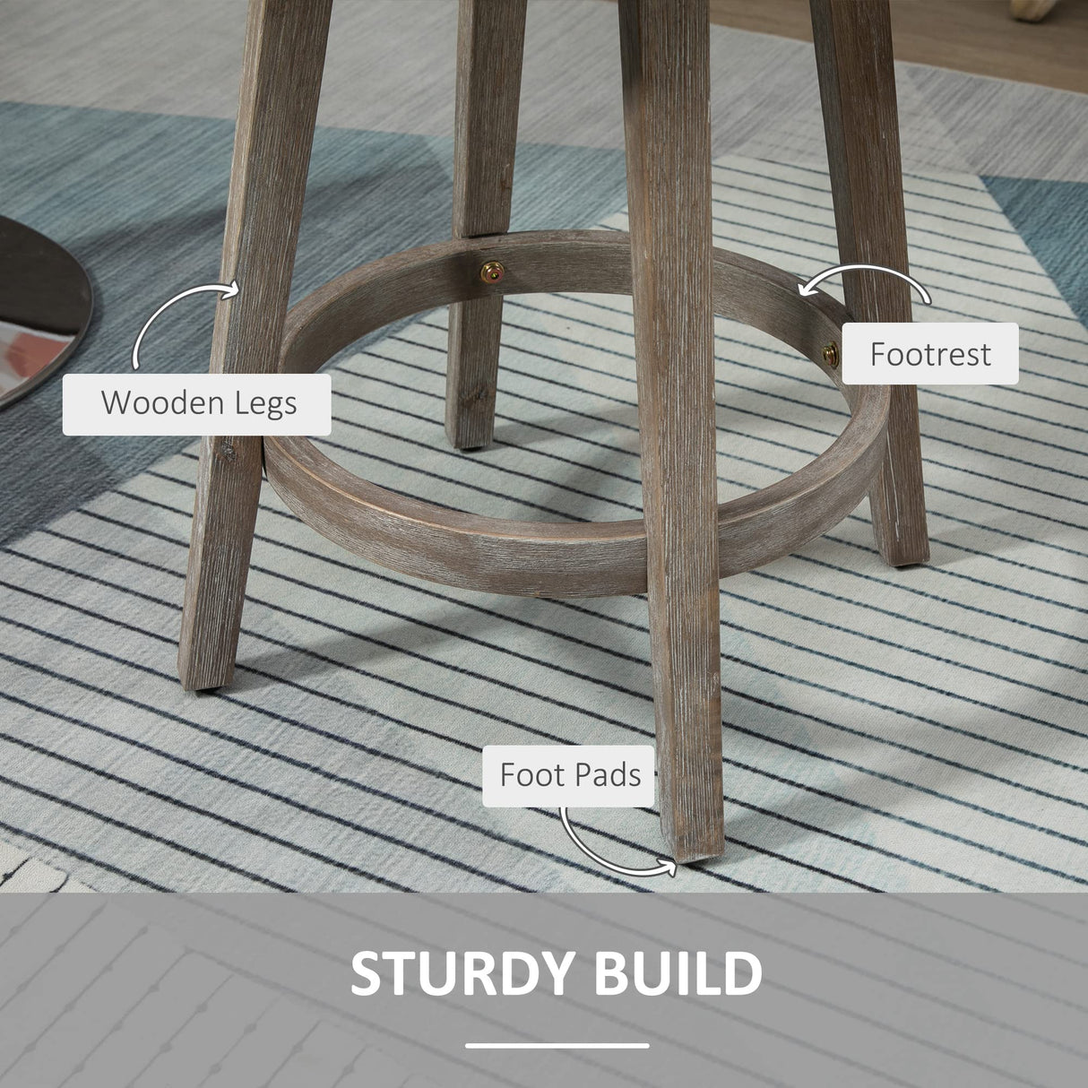 HOMCOM 26" Counter Height Bar Stools, Linen Fabric Kitchen Stools with Nailhead Trim, Rubber Wood Legs and Footrest for Dining Room, Counter, Pub, Set of 2, Cream White HOMCOM