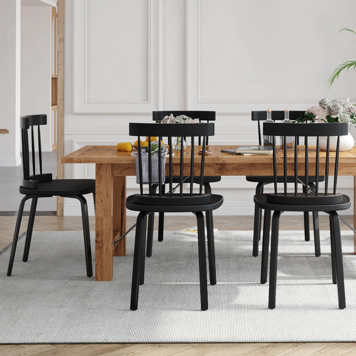 Unovivy Windsor Dining Chairs Set of 4, Wood Farmhouse Spindle Back, Widen Seat, Mid-Century Modern French Country Style, for Living Room Restaurant, Black