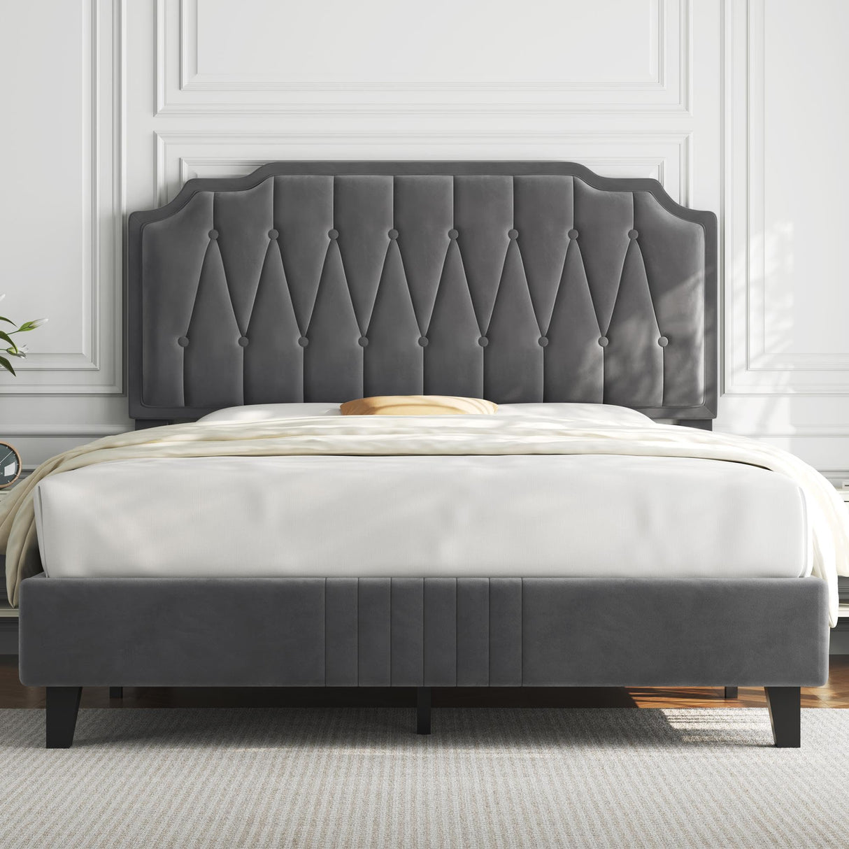 Yaheetech Full Bed Frame Velvet Upholstered Platform Bed with Curved Headboard, Height-Adjustable Headboard/Noise-Free/Wooden Slats Support/No Box Spring Needed/Easy Assembly, Dark Gray Full Bed Yaheetech