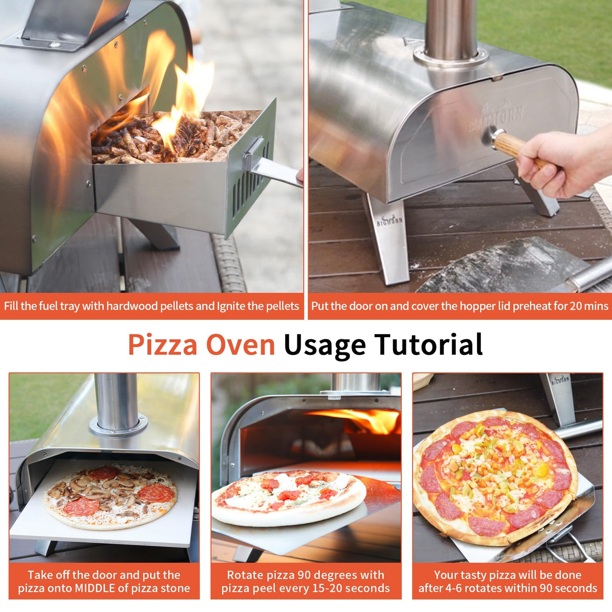 BIG HORN OUTDOORS Pizza Ovens Wood Pellet 12” Pizza Oven Cooking Pizza Maker Portable Stainless Steel Pizza Grill, Silver Portable Party use BIG HORN OUTDOORS