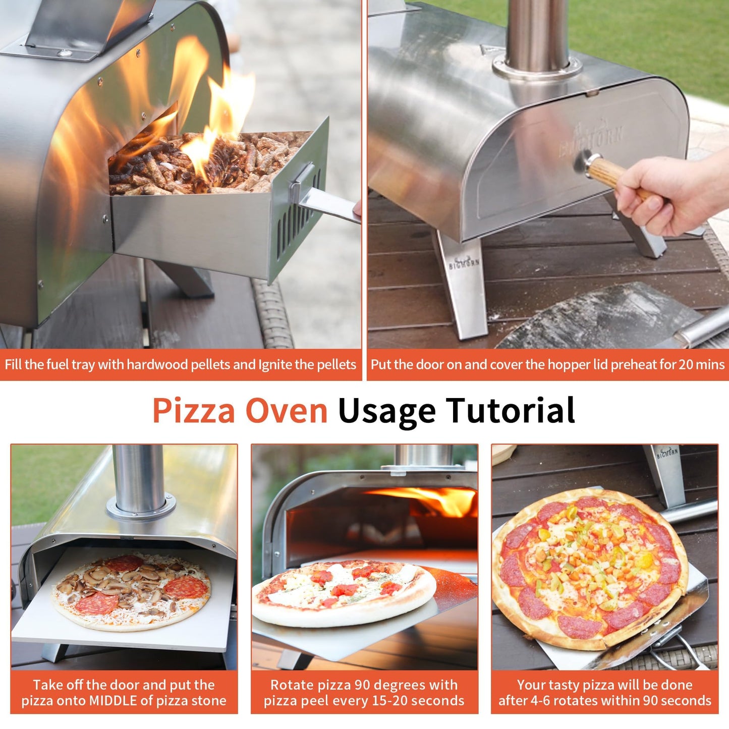 BIG HORN OUTDOORS Pizza Ovens Wood Pellet 12” Pizza Oven Cooking Pizza Maker Portable Stainless Steel Pizza Grill, Silver Portable Party use