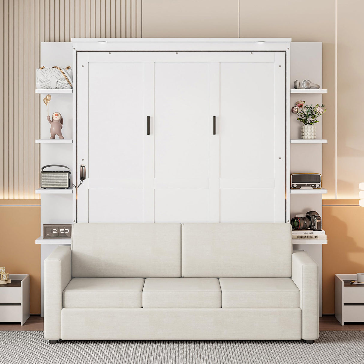 P PURLOVE Queen Size Murphy Bed with Sofa, Wall Bed with Wood Slat Support, Space-Saving Folding, No Box Spring Needed, Easy Assembly, White P PURLOVE